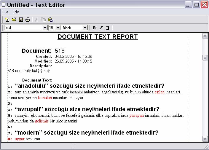 Şekil 43 Metin Editöründe bir belge raporu SIFATLAR projesinde 518 no lu belgeye ait Şimdi node listeleri ve paragraf numaralı belge raporu ele alınıp okuma ve kodlamalar bilgisayardan uzakta