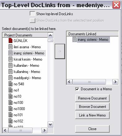 5- İlintilenmek istenilen memo nun üzerine tıklanır ve ekle (add->) düğmesine tıklanır. Böylece sağ tarafta görünen ilintili belgelerin listesine dahil olur.