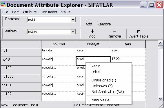 Belge Yükleme (Attribute) Gezgincisinde bir değeri değiştirmek ya da girmek 1- Değiştirmek istenilen hücrede bağlamsal mönü açılır (Şekil 55) 2- (a) istenilen değeri seçilir ya da (b) Yeni Değer (New