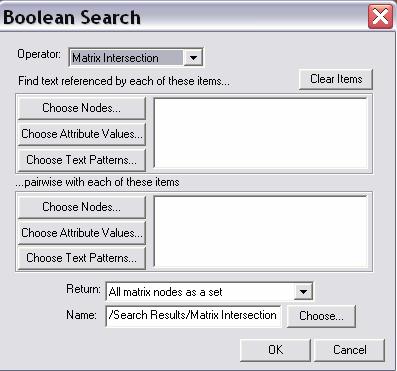 Şekil 65 Matris Kesişimi (Matrix Intersection) gösteren Boolean Arama Diyalogu 4- İlk listeden ve ikinci listeden matrisi tanımlayan ögeleri seçilir.
