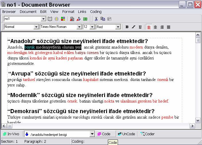 Şekil 21 Belge Tarayıcısı pencerenin alt kısmında hızlı kodlama çubuğu görülmekte Mevcut node a kodlama yapmanın bir başka yolu Kodlayıcıyı (Coder) kullanarak kodlama yapmaktır.