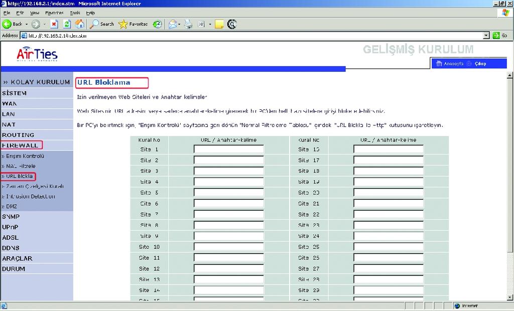 MAC filtrelemesini etkinleştirmek için MAC Filtrele menüsünden MAC Adres Kontrolü kısmında Evet i işaretleyip, ağınızda bulunan bilgisayarların MAC adreslerini MAC Filtrele Tablosu kısmına ekleyiniz