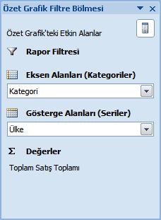 Özet Grafik Oluşturmak Oluşturulan özet tablonun grafiği çıkarılarak veriler daha görsel bir şekilde gösterilebilir. Özet grafik, varolan bir özet tablodan veya sıfırdan oluşturulabilir.