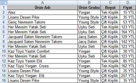 Girişler tamamlanıp Tamam butonuna tıklandığında veri tablosu aşağıda görüldüğü gibi oluşur.