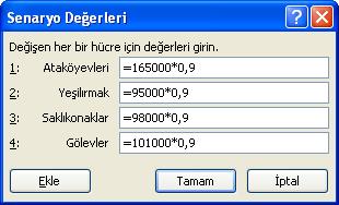 Senaryo Değerleri penceresinde değiştirilecek alanlara değerler girilir veya formüller oluşturulur. Değiştirilecek alanlara değerler formülle girildiği zaman aşağıda görülen uyarı penceresi gelir.