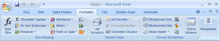 Formüller: Formüller sekmesinde hesaplama araçları, fonksiyonlar ve fonksiyonlara ait işlevler