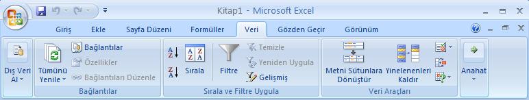 Bunlar; İşlev Kitaplığı, Tanımlı Adlar, Formül Denetleme ve Hesaplama  Veri: Veri sekmesinde Excel