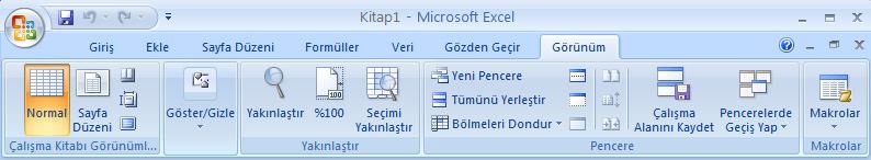 Görünüm sekmesi seçildiğinde 5 tane grup ekrana gelir. Bunlar; Çalışma Kitabı Görünümleri, Göster/Gizle, Yakınlaştır, Pencere ve Makrolar gruplarıdır.