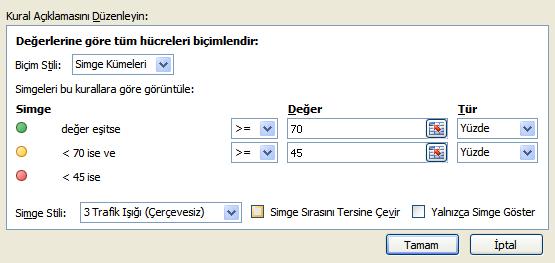 Değerlerine Bağlı Olarak Tüm Hücreleri Biçimlendir: Yeni oluşturulacak kuralı Renk Ölçekleri, Veri Çubukları ve Simge Kümeleri kullanarak oluşturur.