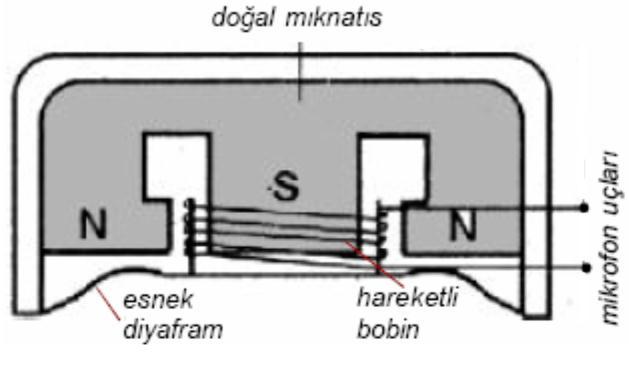 Sürekli ileri-geri titreşim halinde bulunan bobinde de ses frekansına uygun olarak değişen bir gerilim oluşur.