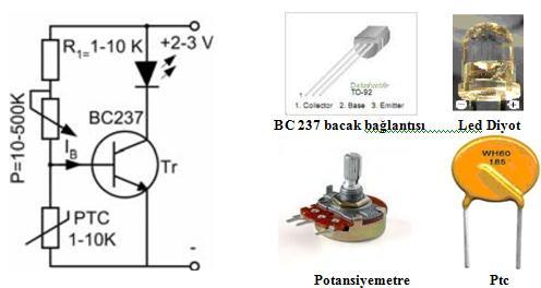 Gerilim değişimi varsa termokupl sağlamdır. 1.5. Isı Sensörlü Uygulama Devreleri 1.5.1. Ptc li Isıya Duyarlı Devre Şekil 1.6: PTC uygulama devresi Şekil 1.