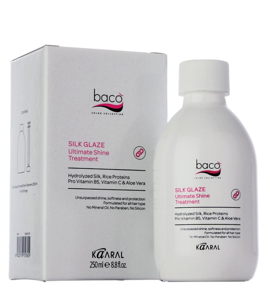BACO İPEK IŞILTISI Gözalıcı Parlaklık Bakımı Hidrolize İpek, Pirinç Proteini, Pro Vitamin B5, C Vitamini ve Aloe Vera içerikli.