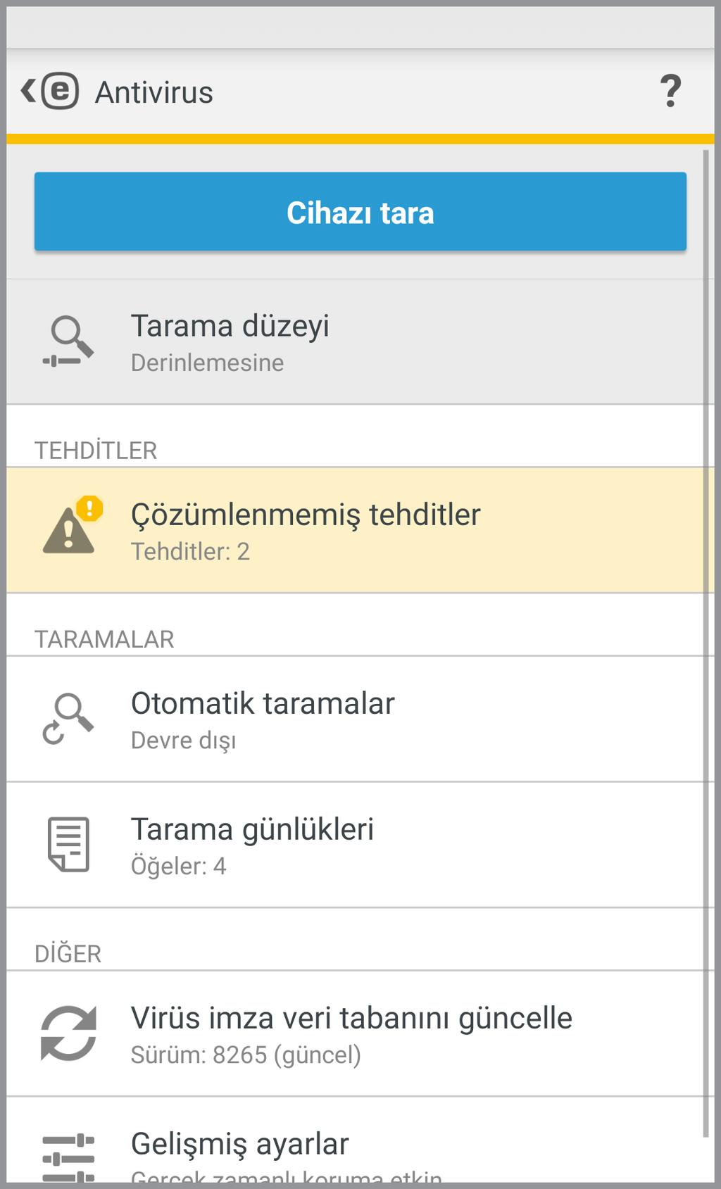 5. Antivirus Antivirus modülü gelen tehditleri engelleyerek ve temizleyerek aygıtınızı kötü amaçlı kodlara karşı korur. Aygıtı tara Önceden tanımlanan bazı dosya türleri varsayılan olarak taranır.