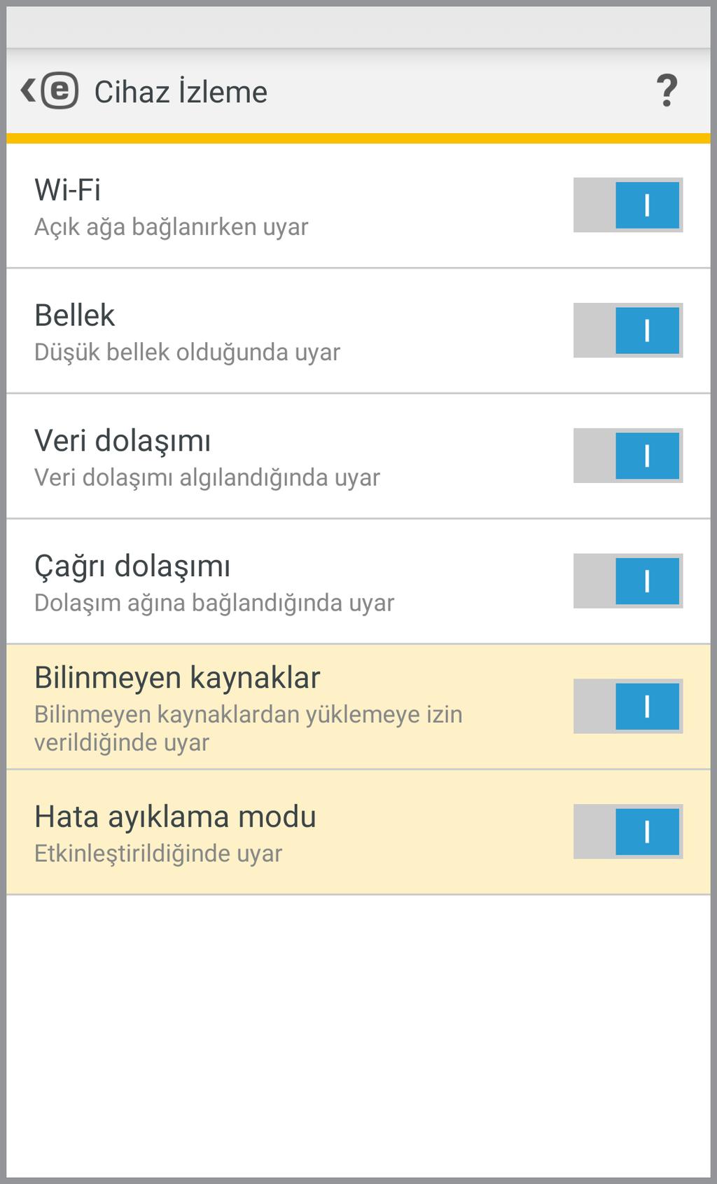 9.1 Cihaz İzleme Aygıt İzleme bölümünde, hangi aygıt bileşenlerinin ESET Mobile Security tarafından izleneceğini tanımlayın.