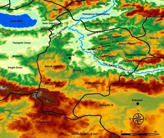 kuzeye doğru akan Sakarya Nehri nin batısında; Bilecik ve Söğüt Platoları, doğu kısmında ise Sündiken platoları yer almaktadır (Harita 1). 267 Harita 1.