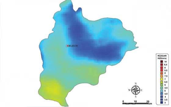 Tablo 5. Bilecik İlinde Kurulabilecek Rüzgar Enerji Santrali Güç Kapasitesi 50 m derüzgar Gücü 50 m derüzgar Hızı(m/s) Toplam Alan (km2) Toplam Kurulu Güç (MW) (W/m2) 300 400 6.8 7.