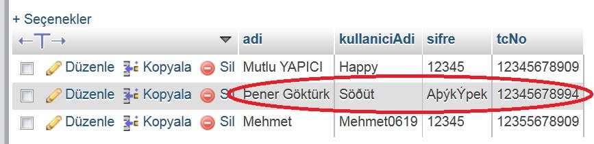 Görüldüğü gibi veritabanı utf-8 ancak ANSI olan bir sayfadan veriler gönderilince veritabanında Türkçe karakterler düzgün görünmemektedir.