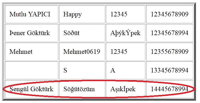 Son eklenen verinin iki yerde de karakterleri düzgün ancak önceden