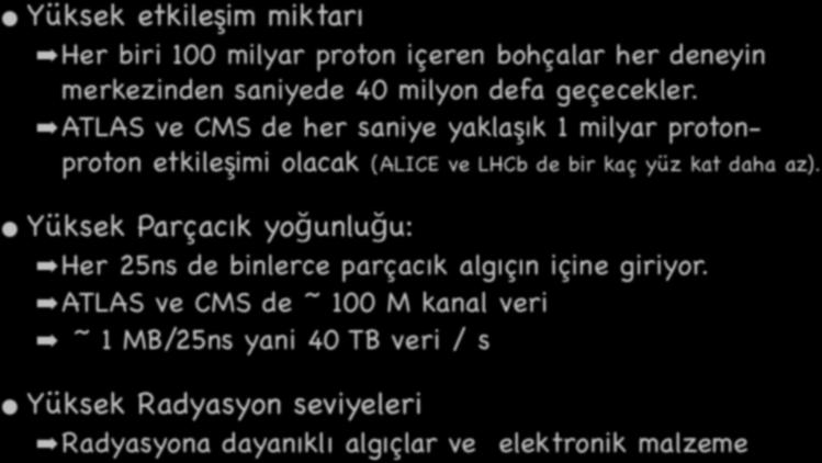 Deneysel Zorluklar 27 Yüksek etkileşim miktarı Her biri 100 milyar proton içeren bohçalar her deneyin merkezinden saniyede 40 milyon defa geçecekler.