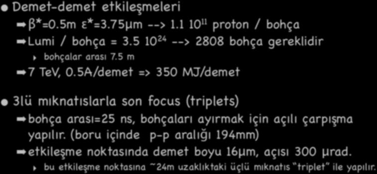 Hedef : Lumi=10 34 Demet-demet etkileşmeleri β*=0.5m ε*=3.75μm --> 1.1 10 11 proton / bohça Lumi / bohça = 3.