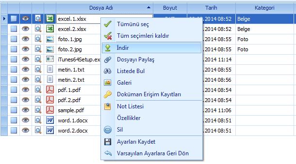 Dosya İndirme Arama sonucunda listeye gelen dokümanları sağ klik menü İndir butonuna tıklayarak bilgisayarınıza indirebilirsiniz.