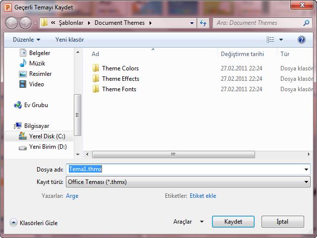 Bu kaydetme işleminin gerçekleştirildiği bilgisayarda bu tema artık powerpoint in bir parçası olacaktır ve temaların listelendiği küçük resimlerde artık bu da yer alacaktır ve istenildiği zaman
