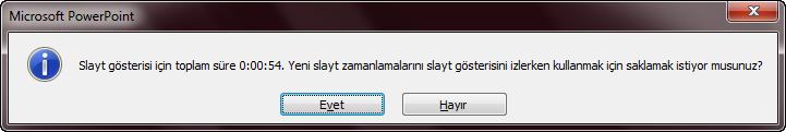 Eğer Evet i seçerseniz Slayt Sıralayıcısı görünümü açılarak, sununuzdaki her slaydın zamanını görüntüler. 2.7.1.