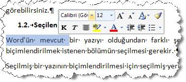 185 Mini araç çubuğunu kullanarak veya seçili metnin üzerinde sağ-tıkladığımızda açılan kısayol menüsünden Yazı Tipi öğesini seçerek, Yazı Tipi seçme diyalog kutusuna gitmek mümkündür.