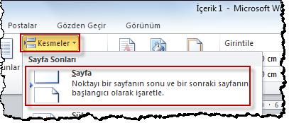 219 veya Sayfa Düzeni sekmesindeki Sayfa Yapısı komut grubunda bulunan Kesmeler açılır menüsündeki Sayfa komutu kullanılır.