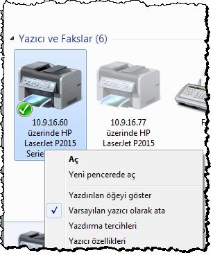 248 Varsayılan yazıcının sol üst köşesinde seçili olduğunu gösteren tik işareti vardır.