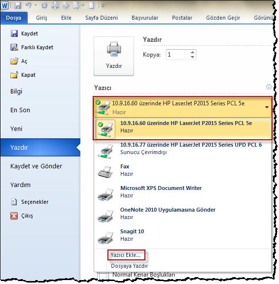 249 Yukarıdaki resimde 10.9.16.60 IP üzerinden HP LaserJet P2015 Series PCL 5e yazıcısı varsayılan yazıcı olarak atanmıştır. Dolayısıyla bilgisayara eklenmiş olan 10.9.16.77 IP üzerindeki HP LaserJet P2015 Series PCL 6 yazıcısından çıktı almak için onu seçmemiz gereklidir.
