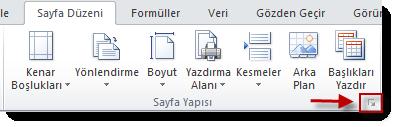Örneğin Sayfa Düzeni sekmesi içerisinde yer alan Sayfa Yapısı komut grubu ile ilgili ayrıntıların yer aldığı ekrana şekildeki ok