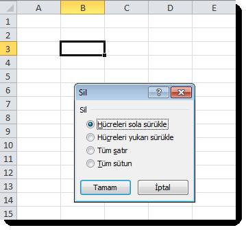 açabilir. Çünkü böyle durumlarda hücreler silinince isteğe bağlı olarak, aşağıdaki veya sağdaki hücreler silinen verilerin yerine kayabilir ki, bu çoğu zaman istenmeyen bir durumdur. 4.3.4.2.