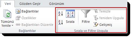 Filtre Uygula alt menüsünden ulaşılabileceği gibi, Veri sekmesi içerisindeki Sırala ve Filtre Uygula komut grubu üzerinden de ulaşılabilir.