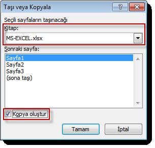 4.4.4. Çalışma sayfasını aynı dosyada veya açık dosyalar arasında kopyasını oluşturmak Bir çalışma dosyasını kopyalamak için önceki madde de gösterilen diyalog kutusu içerisinde yer alan Taşı veya