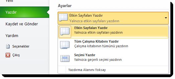 komutunu kullanabiliriz. Yazdırma alanının belirleyebilmek için öncelikle çalışma sayfası içerisindeki belli bir kısım seçilmeli, daha sonra Yazdırma Alanını Belirle komutu tıklanmalıdır.