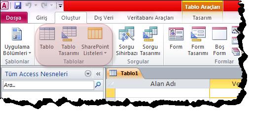 MS Access da tablo oluşturma yöntemlerinden biri Tasarım görünümünde tablo oluşturmaktır. Bu yöntemi kullanarak tablo oluşturmak için önce tablo oluşturacak veritabanın açılması gerekmektedir.