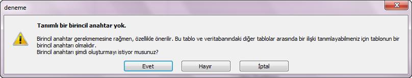 Not: Eğer bu iletişim penceresinde birincil anahtar eklenmesi için Evet tıklanırsa MS Access Tabloya her kayıt eklendiğinde değeri otomatik