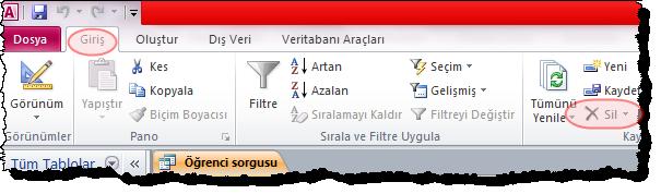 bölmesinde silinecek seçildiktetablo sonra Giriş