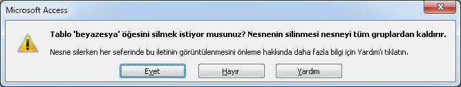 Açılan iletişim penceresinde silme işlemini gerçekleştirmek için Evet düğmesine tıklanır. 5.4.