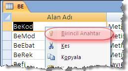 Tasarım bölümünde Birincil Anahtar yapılmak istenen alan üzerinde sağ tıklanır.