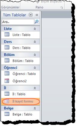 Bunun için gezinti bölmesinden açılmak istenen formun üzerinde çift tıklanır. 5.7.3.