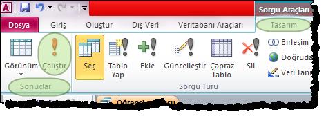 Oluşturduğumuz sorguları çalıştırmak Hazırlanan sorguyu çalıştırmak için tasarım sırasında açılan Sorgu Araçları Tasarım ek sekmesinden Sonuçlar komut grubundan