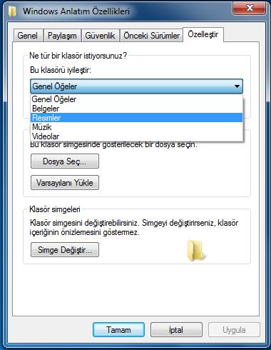 Özelleştir Sekmesi: Bir klasörü özelleştirmek, o klasörün özelleştirilen alana göre araçlar sunmasını sağlayacaktır. Yan tarafta Resimler için özelleştirilen bir klasörü görmektesiniz.