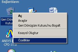 1.2.8.3. Geri Dönüşüm Kutusu Özellikleri Geri dönüşüm kutusu özelliklerine ulaşmak için geri dönüşüm kutusu üzerinde sağ tıklayın ve özellikleri seçiniz.