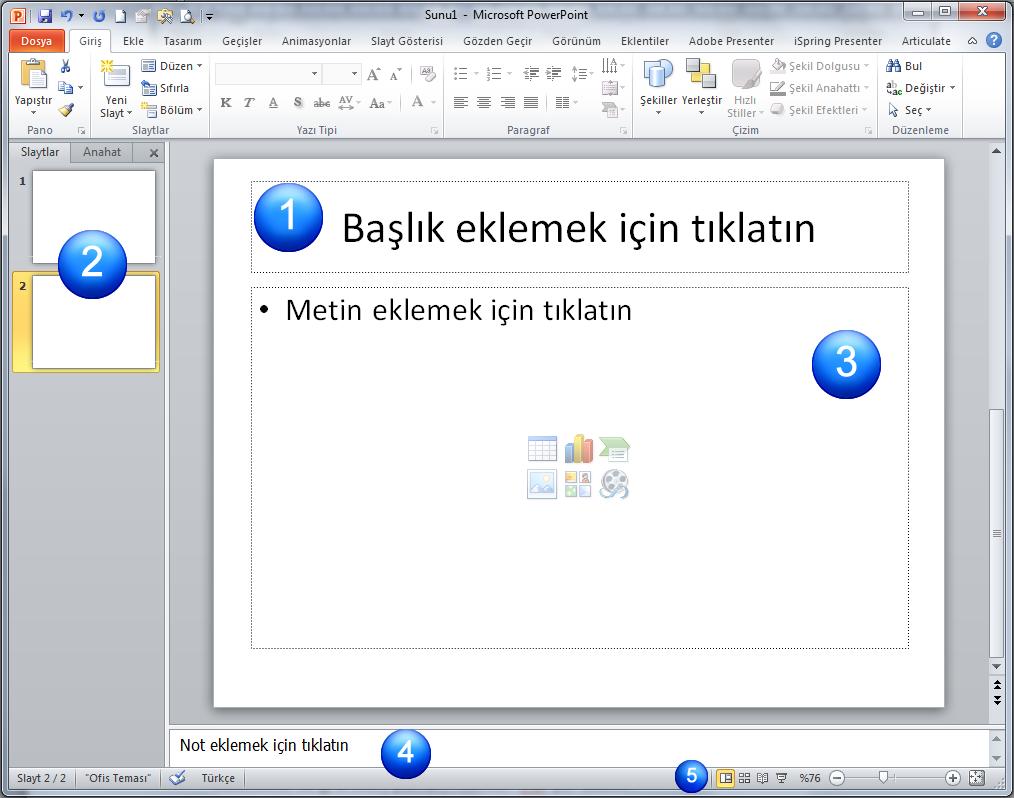 1. Slayt Bölmesi: Slayt Tasarımını gerçekleştireceğimiz ve slayt üzerinde çalışma yapacağımız kısım burasıdır. 2.