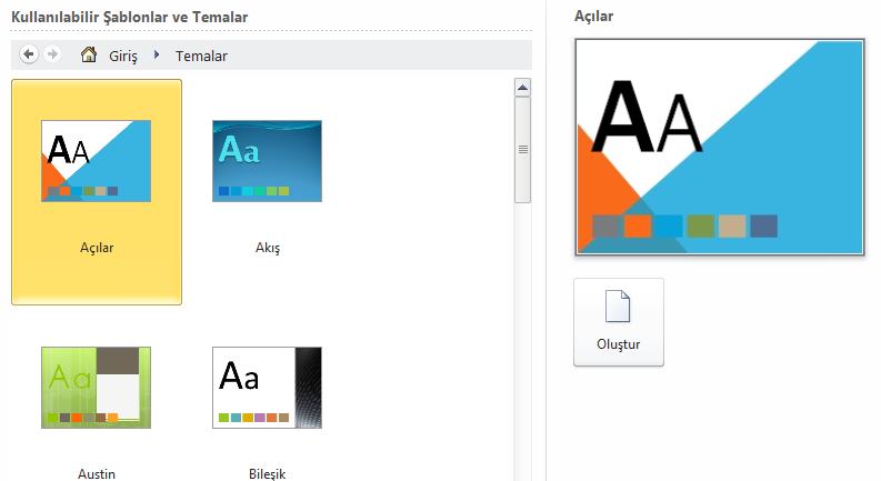 Eğer boş sunuyu PowerPoint te yer alan bir tasarım özelliği ile birlikte açmak istiyorsanız Temalar seçeneğine tıklayınız ve gelen temalardan istediğinizi seçip ondan sonra Oluştur a basınız.