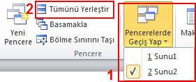 Açık belgeler arasında geçiş yapmak Açık olan PowerPoint belgeleri arasında geçiş yapmak için herhangi bir PowerPoint belgesi açıkken Ctrl + Tab tuşlarına basmak yeterlidir.