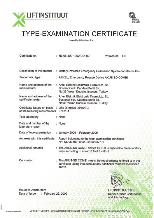Certificate ARL-500 Tip-Onay