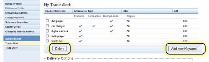 7.2 Trade Alert Düzenleme 7.2.1 Anahtar Kelimelerin Düzenlenmesi My Alibaba > Account Settings > Subscriptions > Trade Alert adımlarını izleyin.